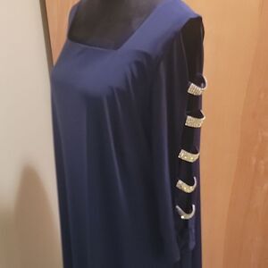 Roz & Ali Navy Blue Dress W Silver Rhinestone Down Sleeves Sz 2x